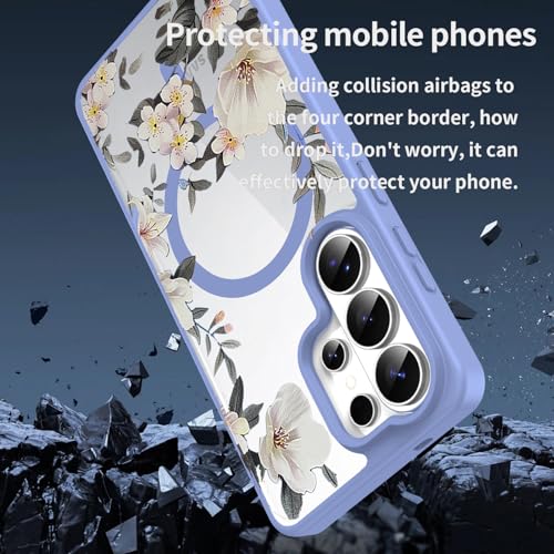 Image of VONZEE Compatible with Samsung Galaxy S26 Ultra 5G Case Luxury Retro Flowers Floral Clear for Magnetic Wireless Charging Case Shockproof PC+TPU Cute Glossy Shiny Cover for Girls Women, Official Blue