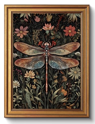 CHMMART Dark Green Dragonfly Wall Art Flower Botanical Canvas Print 12x16in