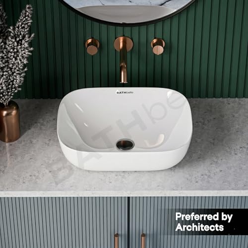 Image of Designer Ceramic Wash Basin For Bathroom | Over Counter Bathroom Basin | Counter Top Bathroom Sink | Wash Basin For Restaurant, Hotel (18 x13 x 5 Inch) (13x18 White)