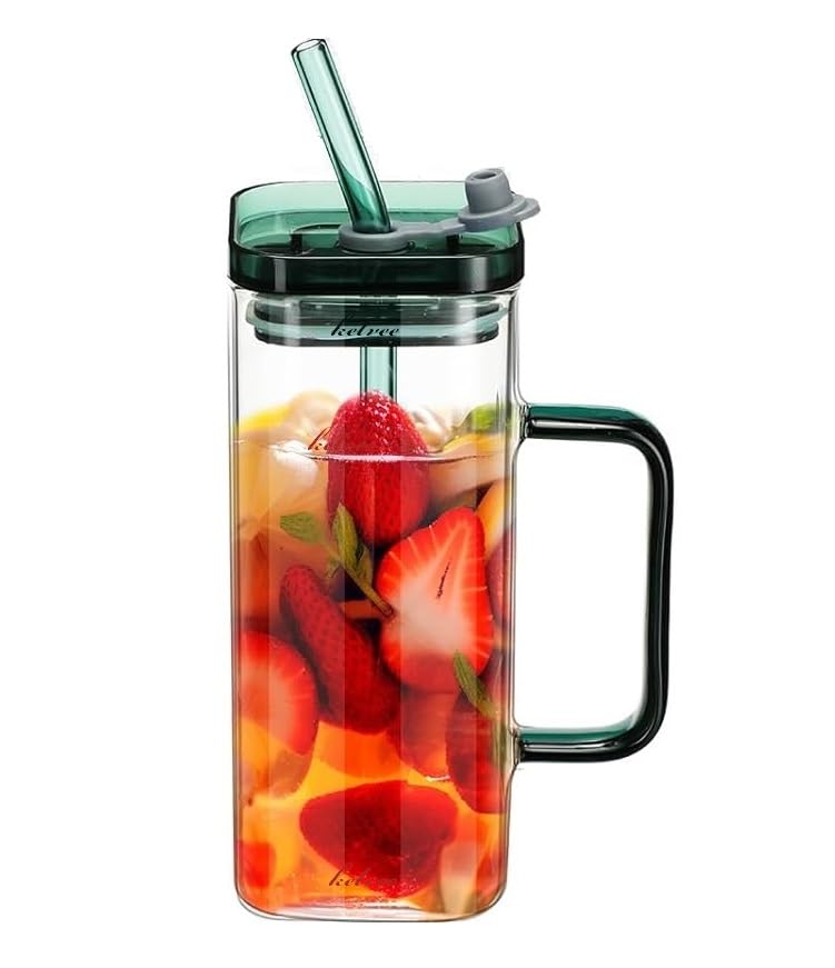Image of KHOLAD Square Glass Mugs with Colored Handle Pack of 1, Drinking Glasses Tumbler with Lids and Straws Iced Coffee Cups, 400ml Wide Mouth Glass Sipper for Home Office Summer Party (Mug)
