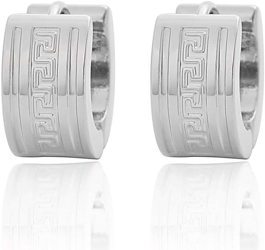 Edforce Stainless Steel Greek Key Wall Pattern Huggie Hoop Earrings
