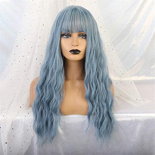 Perruques de cheveux longs ondulés synthétiques bleus frange tendance perruques femmes