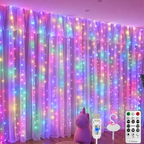 SINAMER Fairy Curtain Light, 300LED 9.8x9.8ft, Remote & 8 Modes, USB