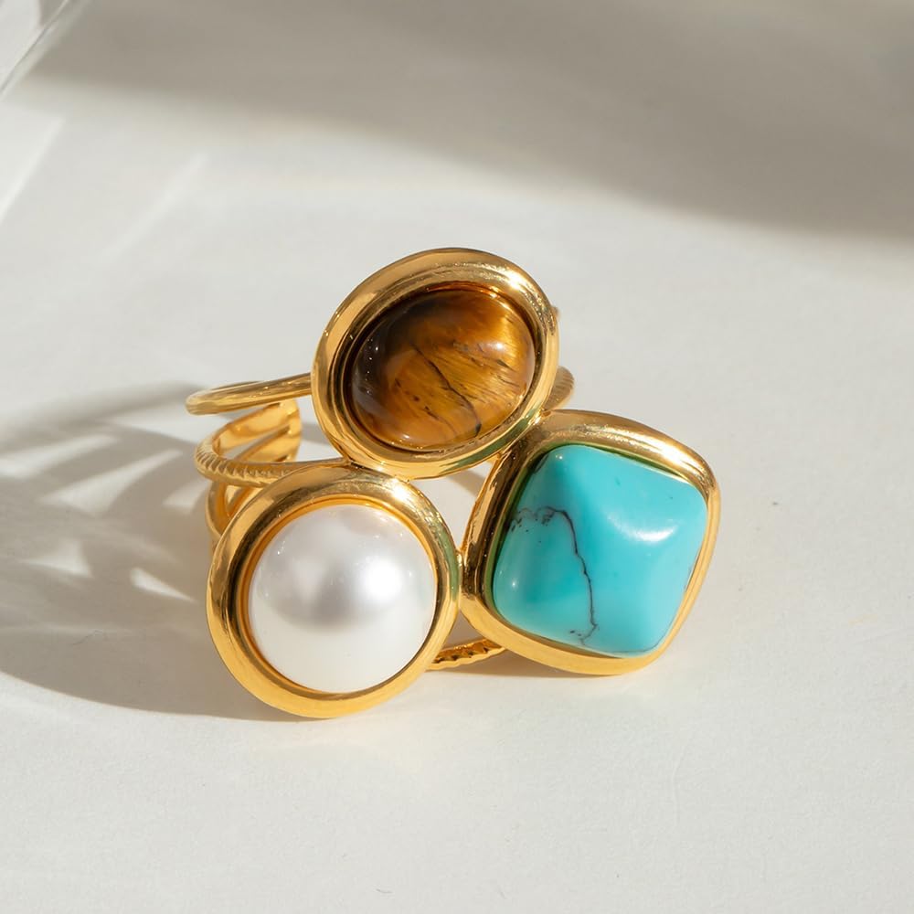 Geometric Turquoise Tiger Eye Pearl Statement Adjustable Open Ring for Women Bohemian Style Fashion Gold-Tone Plated Stacking Finger Rings Stainless Steel Fashion Wedding Cocktail Party Y2K Jewelry - Image 3