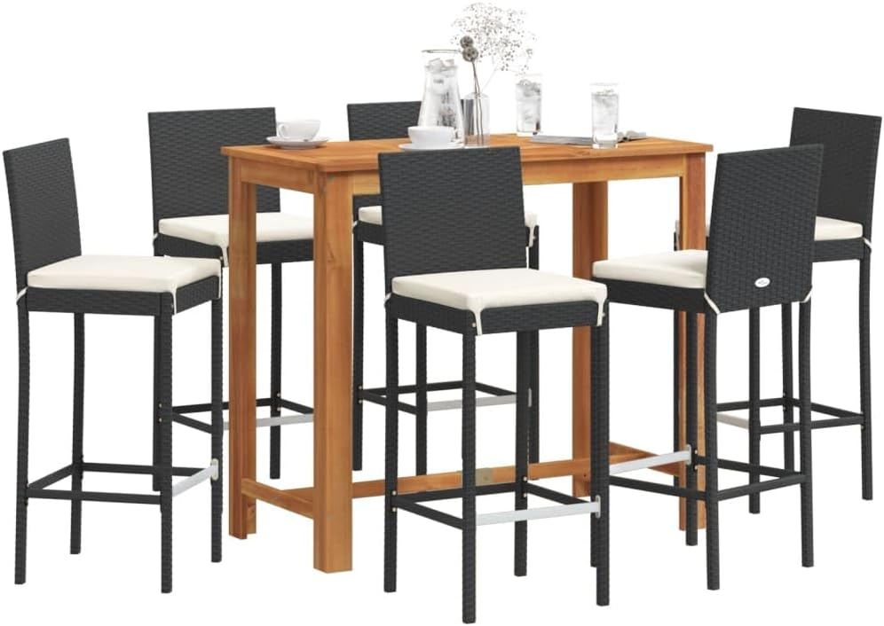 7 Piece Garden Bar Set with Solid Wood Bar Table and Rattan Bar Stools with Seat Cushions for Patio Backyard Balcony, Outdoor Bistro Set, Black Solid Wood Acacia and Poly Rattan,-482
