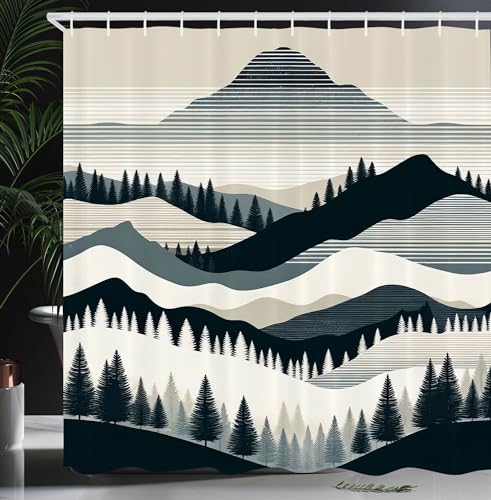 Ambesonne Striped Shower Curtain, Mid Century Modern Boho Mountain Scenery with Woods and Line Details, Cloth Fabric Bathroom Decor Set with Hooks, 69" W x 70" L, Dark Petrol Blue Eggshell