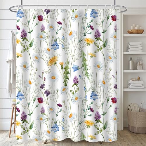 FAIRYGATE Garden Shower Curtain Watercolor Floral Shower Curtains Flowers Leaves Bathroom Curtain 180 x 180 cm Waterproof Mildew & Mould Resistant Polyester Fabric Bath Curtain with 12 Hooks B8115