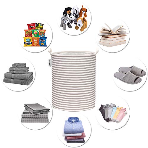 Sea Team 19.7 Inches Large Sized Waterproof Coating Ramie Cotton Fabric Folding Laundry Hamper Bucket Cylindric Burlap Canvas Storage Basket (19.7", Grey & White Stripe) #TOP4