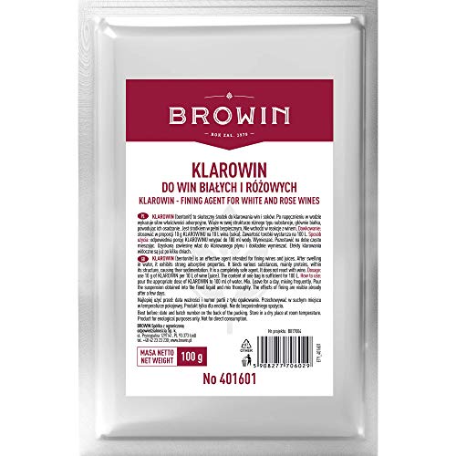 Browin 401601 Weinklärmittel/Schönungsmittel für Weißweine und Rotweine Klarowin, Powder, Bentonit, Große, ökomische Verpackung für 100 l Cuvée, 100 g,