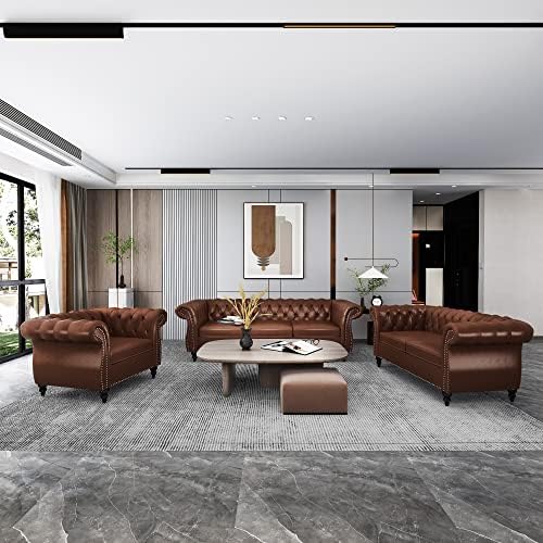 RARZOE 3 Pieces Living Room Furniture Sofa Sets,Modern Faux Leather Chesterfield Sofa&Chesterfield Club Chair&Chesterfield Loveseat Sofas Set with Nailhead Trim Scroll Arms for Living Room,Dark Brown