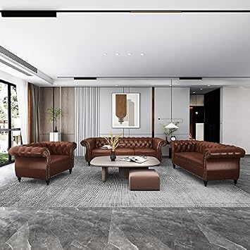 RARZOE 3 Pieces Living Room Furniture Sofa Sets,Modern Faux Leather Chesterfield Sofa&Chesterfield Club Chair&Chesterfield Loveseat Sofas Set with Nailhead Trim Scroll Arms for Living Room,Dark Brown