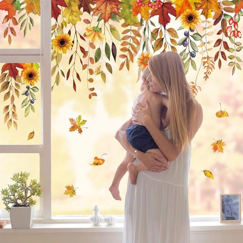 JarThenaAMCS 9 Sheet Fall Sunflower Window Clings Hanging Maple Leaves Flower Vine Window Stickers Double-Side Floral Glass Decals for Autumn Thanksgiving Home Harvest Party Shop Display Decoration