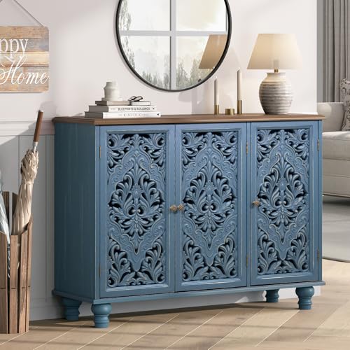 Image of JOINICE 42.5 inch Accent Storage Cabinet with 3 Carved Doors,Blue & Walnut | Versatile Storage for Living Room & Dining Room & Bedroom & TV Stand, Solid Wood Legs, Farmhouse /Rustic Style, Easy Assembly