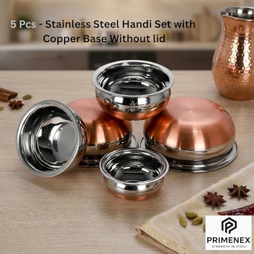 Image of Copper Bottom Stainless Steel Handi Set of 5 - Multipurpose Kitchen Cookware for Cooking & Serving - Energy Efficient, Friendly Cookware | 0.5L - 2L Capacity (Handi Set of 5)