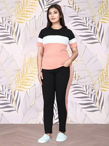 Image of Cotton Blend Tracksuits for Women Half Sleeves Round Neck Woman Workout T-shirt & Pant for Sports Comfortable and Breathable Gym Wear for Womens Tracksuit Set with Top & Bottom Pants