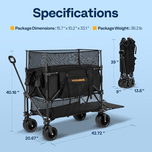 VIVOHOME 500L Large Capacity Double Decker Collapsible Wagon 500lbs Heavy Duty Utility Folding Cart with Big Wheels 53" Extended for Camping, Sports by VIVOHOME - Image 7