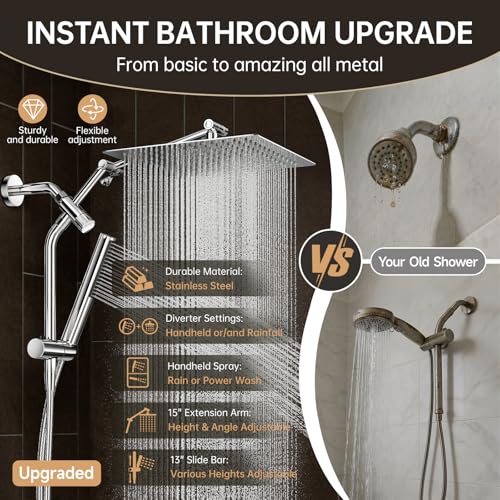 Image of Veken All Metal 12 inch Large Shower Head with Handheld, Full Body Coverage, Luxurious Square Double Rain Shower Heads, Power Wash Wand, Dual Big Detachable Rainfall Showerhead with Spray Combo,Chrome