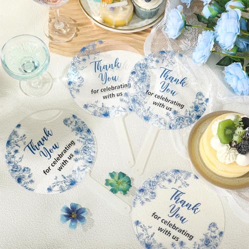 Image of Geelin 50 Pcs Wedding Fans in Bulk Transparent Acrylic Blue Flower Bridal Shower Handheld Favor Fans for Guests Summer Wedding Bridesmaid Gift for Hot Outdoor Ceremony Baby Shower
