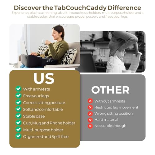 Image of TabCouchCaddy Multifunctional Lap Desk Pillow - Oversized Memory Foam Couch Desk with Cup Holder, Phone Slot & Storage Pockets | Fits Laptops up to 14 inch | Work, Game & Read (Black)
