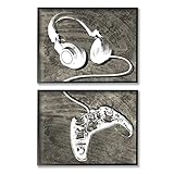 Design von Daphne Polselli Stupell Industries Daphne Polselli Kinder Entertainment Accessories Rustikaler Kopfhörer Videospiel-Controller Wandbild, gerahmt, Schwarz, Holz, Weiss/opulenter Garten, 20x16