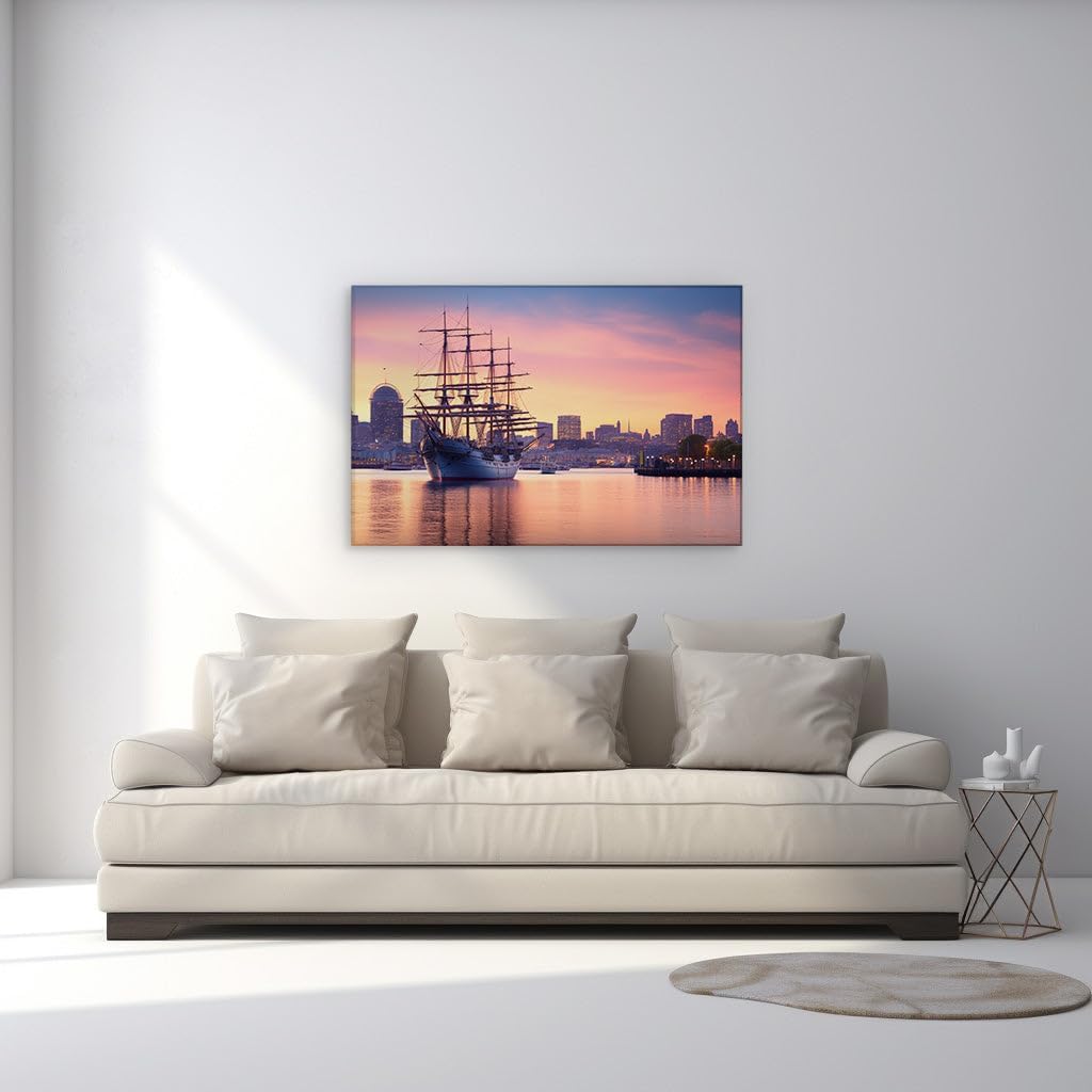 Canvas for Living room. Sailing into Twilight Reflections of a Serene Harbor Sunset, 27 x 18 inch Canvas Wall Art - Contemporary Masterpieces - Modern Home Decor
