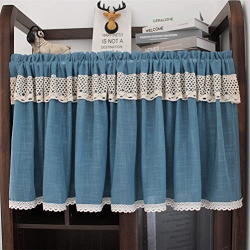 Cortina corta de red azul estilo ganchillo, visillo pequeño de cocina con pasador de barra 2