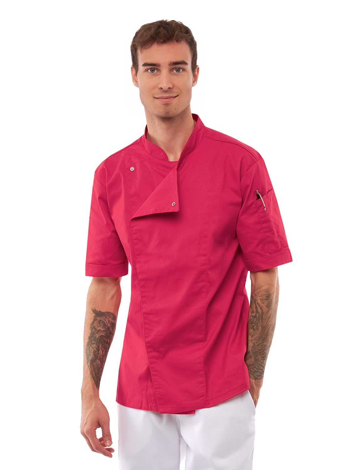 strongAnt Kochjacke Herren Slim Fit Stretch BW mit Druckknöpfen, Bäckerjacke - Kurzarm - Pink XXXXXL