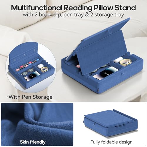 KDD Buchständer Bett Kissen mit Aufbewahrung, Faltbare Buchhalter Leseständer & Buchkissen für Schoß Bett Küche Tisch Kinder, Tablet Kissen Halter für Buch Tablet Handy E-Reader Buch Zubehör, Blau