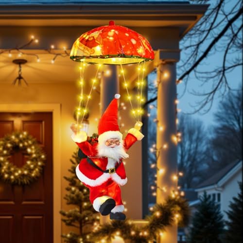 YOUYIKE Weihnachtsmann Fallschirm Beleuchtet 8 Beleuchtungsmodi & Timerfunktion LED Leuchtender Weinachtsdekorationen Draußen Innen Aussen Warmweiß Fensterdeko Beleuchtet für Outdoor Balkon Garten