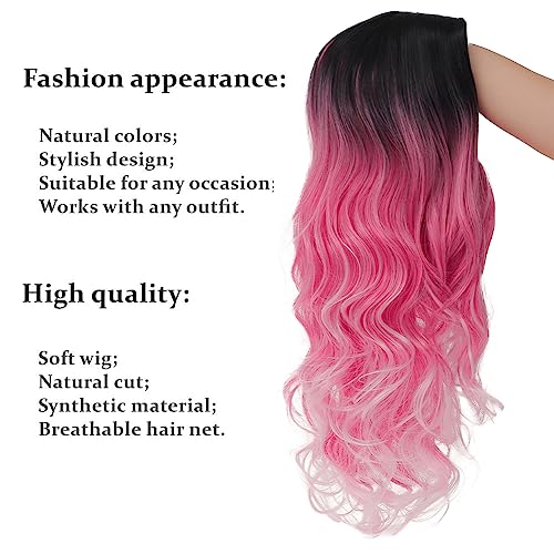 Image of Swiking Women Ombre Pink Long Curly Wig Dark Roots Wave Middle Part Synthetic Wigs for Halloween Cosplay Wig (Ombre Pink)