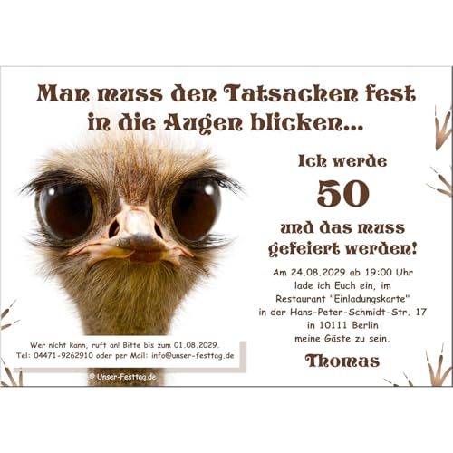 Lustige Einladungskarten zum Geburtstag, Vogel Strauß, jedes Alter möglich 40,50,60,70, Wunschtext, personalisierbar, Digital als Foto oder in gedruckter Form auf Feinstkarton, 1 - 200 Stück