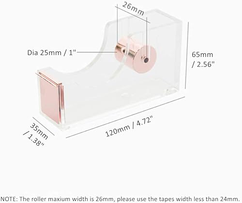 Miniatura 2 de Dispensador de cinta adhesiva de oro rosa, cuerpo acrílico transparente, soporte de cinta de escritorio de 1 pulgada, núcleo de metal de oro rosa