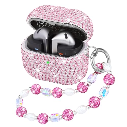 Coque Galaxy Buds 3 Pro à strass avec cordon bracelet perles rose anti-chute
