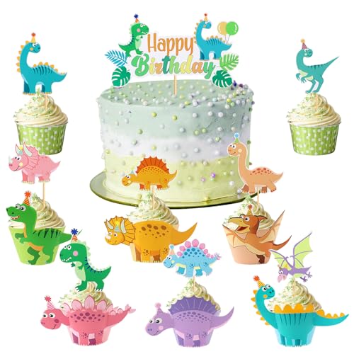 decoración de magdalenas de dinosaurio CHUNLINLAODA 6 Cupcake Wrapper 17 decoración para tartas de cumpleaños Moldes para Magdalenas de Dinosaurio para niños cumpleaños fiestas cumpleaño (Verde)