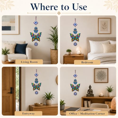 Image of Religious Door Hanging Decor with Pearl Beads & Tassel, Wooden Wall Hanging for Home Temple, Pooja Room, Entrance, Mandir Decoration & Spiritual Gift, Multicolor Butterfly
