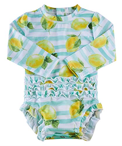 Baby Girls Swimwear UPF 50+ Sun Protection Rash Guard Sets Lemon One-Piece Swimsuit Long Sleeve Toddler Bathing Suit with Zipper 6-12 Months