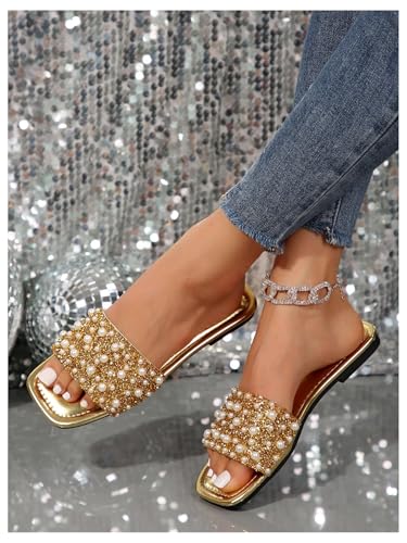 GORGLITTER Women's Gold Pearl Sandals Square Open Toe Sequin Rhinestone Slip On Dressy Wedding Flat Slides3
