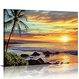 AIHNBF Lienzo de playa tropical con puesta de sol, paisaje de palmera, océano, paisaje, paisaje marino vivo, para salón, dormitorio, decoración de naturaleza tranquila, 40 x 60 cm