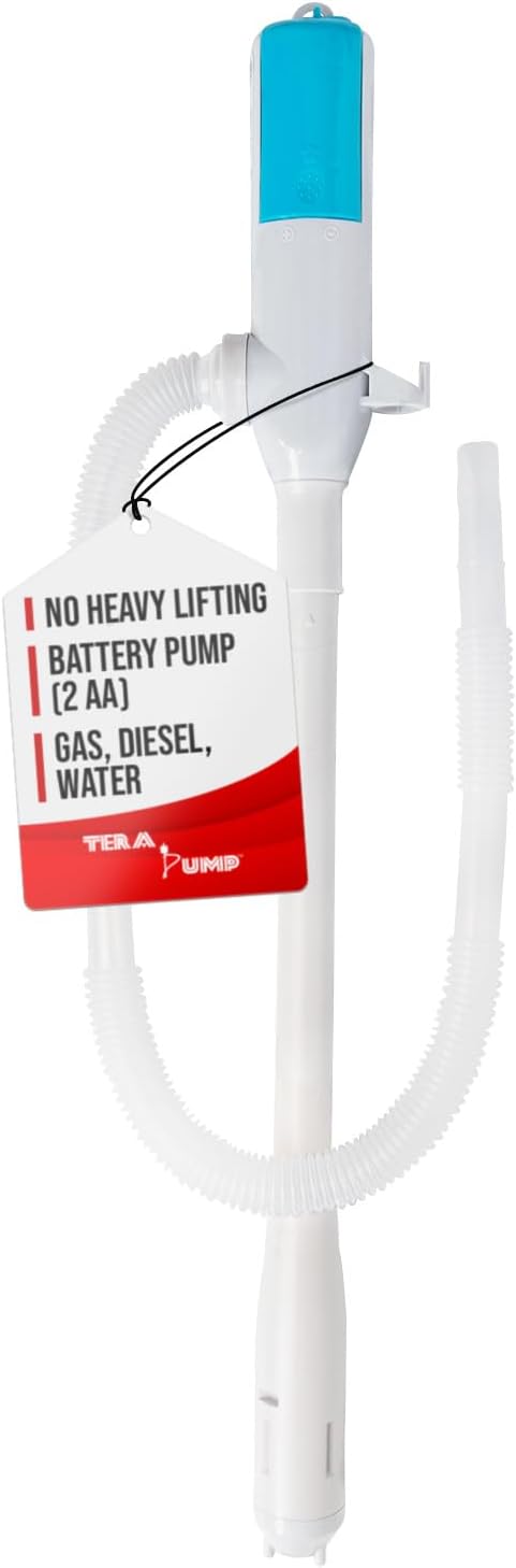 TERA PUMP Automatic Portable Battery Operated Water/Fuel Transfer Pump, Powerful Hand Fuel Pump Fits All Size Jugs w/ 1.2" Intake tube - Quick Transfer at 2.8 Gal/Min (2 AA Batteries, Not Included)