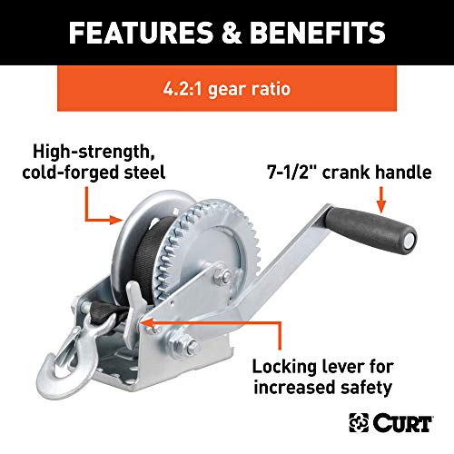Curt 29435 Manual Hand Crank Boat Trailer Winch, 1,400 Lbs Capacity, 7-1/2" Handle, 4.2:1 Gear Ratio, 20' Strap #TOP2