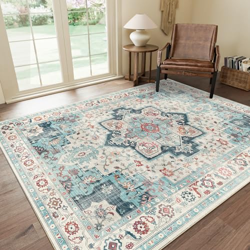 GENIMO 8x10 Washable Area Rugs for Living Room, Non Slip, Turquoise White