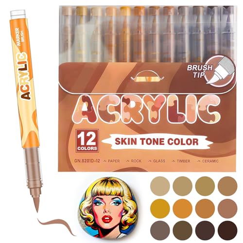 OCCOUMR Rotuladores acrílicos para pintar con piedras de 12 colores, tonos de piel, 1-5 mm, resistentes al agua, con punta de pincel flexible para pintar, para piedra, madera, cerámica, lienzo