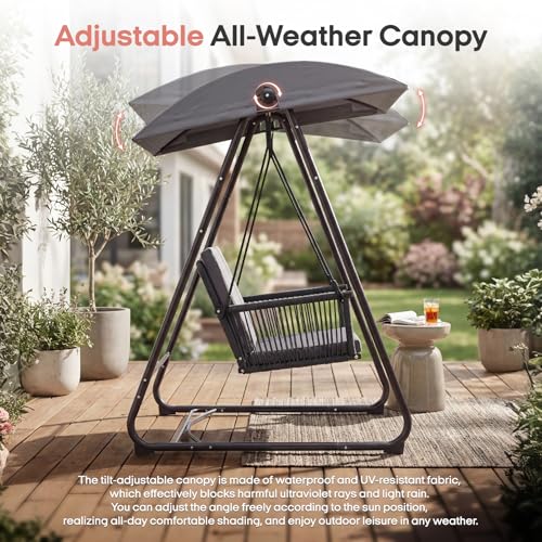 Image of Patio Swing with Adjustable Canopy, Single Seat Grey | Patio Swing with stand Heavy-Duty Triangular Frame Backyard / Porch / Lawn Grey Garden Swing