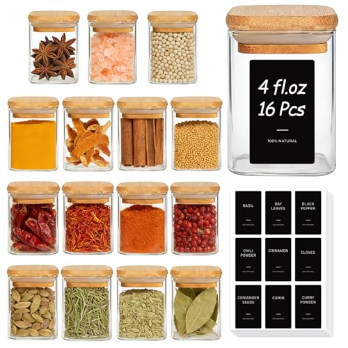 Image of ComSaf 16Pcs Glass Spice Jars with Bamboo Lid, 4oz Airtight Square Spice Containers with Lables, Empty Seasoning Jars for Spice Salt Sugar