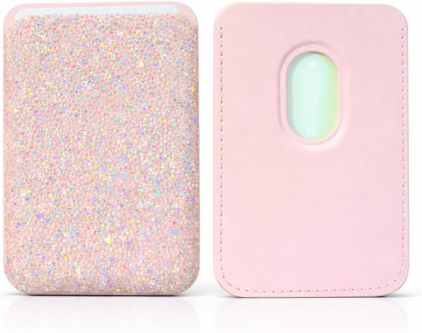 ELYANORE NEW Luxury Glitter Crystal Diamonds Leather Wallet Card Holder Magnetic for Magsafe IPhone Samsung Support Telephone Bracket Small Credit for Women Girls (Blush Pink)