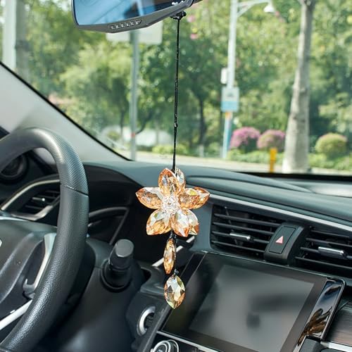 Image of Crystal Flower Car Rear View Mirror Hanging Ornament - Sparkles with Rainbows for a Sense of Luck and Happiness Car Interior Accessories (Champagne)