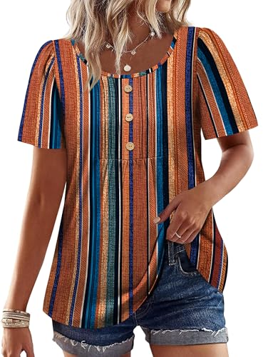 Image of Womens Tops Dressy Casual Blouses Short Sleeve Shirts Plus Size Fashion Clothing Spring Summer Outfits Button Pleated Front