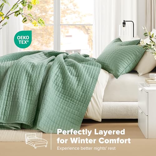 Comfort Spaces Sage Green Oversized King Quilt Set 120"x118" Bedspread Quilted Summer Lightweight Microfiber Bedding Coverlet with Double Sided Stitching Soft All Season 3 Piece with Matching Shams