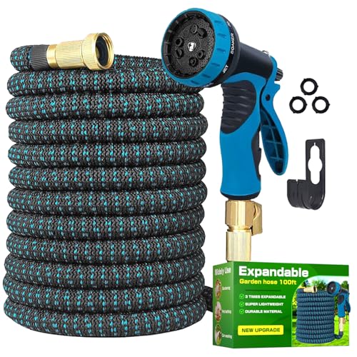 wyewye - Garden Hose 100ft Expandable Water Hose with 10 Function Nozzle,Flexible Hose withTriple Core Latex and 3/4" Solid Brass Fittings Collapsible Lightweight Retractable Long Hose Pipe (Blue)