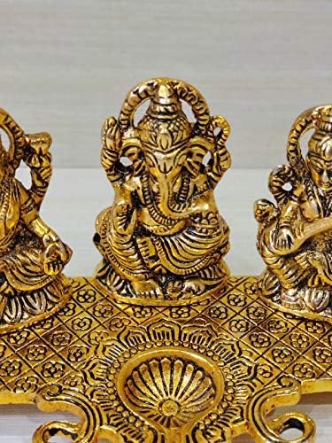 phareLamp Presents Golden Metal Diwali Decorative Laxmi Ganesha Saraswati Sitting Diya Statue - Puja Diya- Lakshmi Ganesh Saraswati Showpiece Oil Lamp Diya Decoration #A131